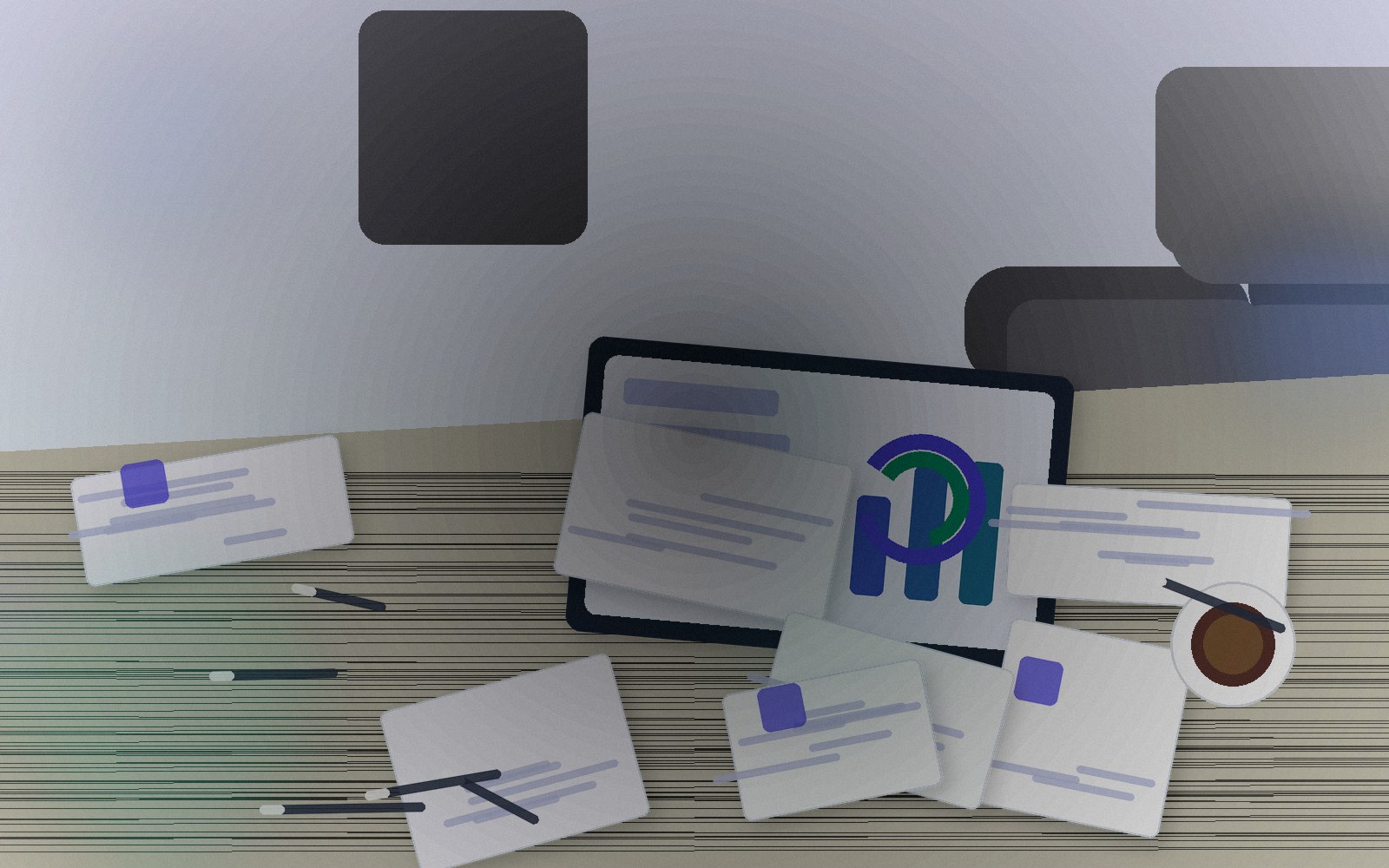 Vue de bureau avec documents, ordinateur et processus administratif
